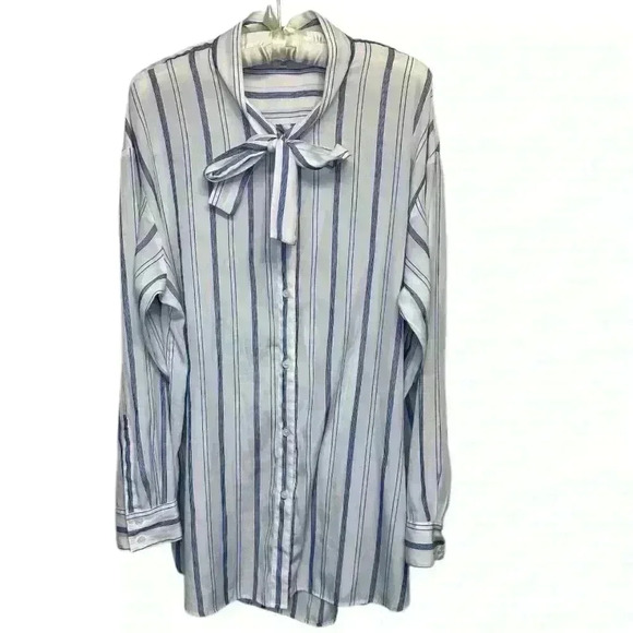 Elizabeth and James Blue and White Blue Striped Button Bow Tie Neck Blouse, XXL - Picture 1 of 8